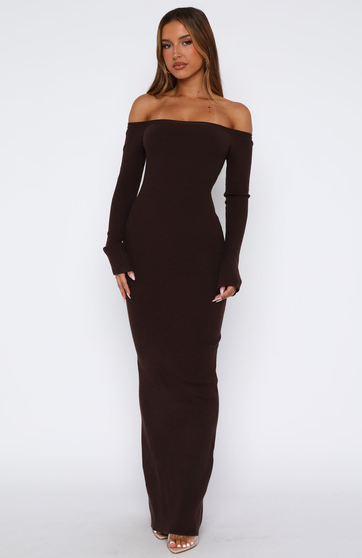 Star Studded Long Sleeve Knit Maxi Dress Chocolate - Image 2