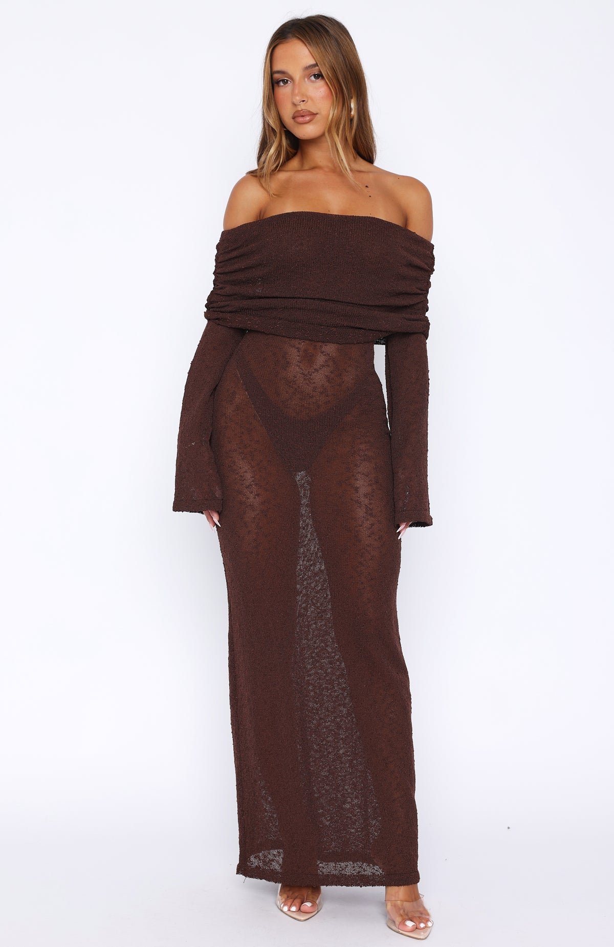 Made It Out Long Sleeve Boucle Maxi Dress Chocolate - Image 2