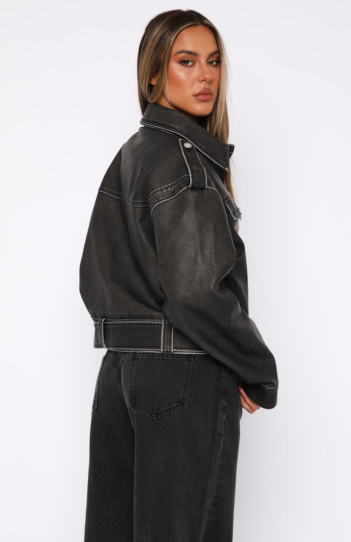 In This World PU Biker Jacket Charcoal Wash - Image 4