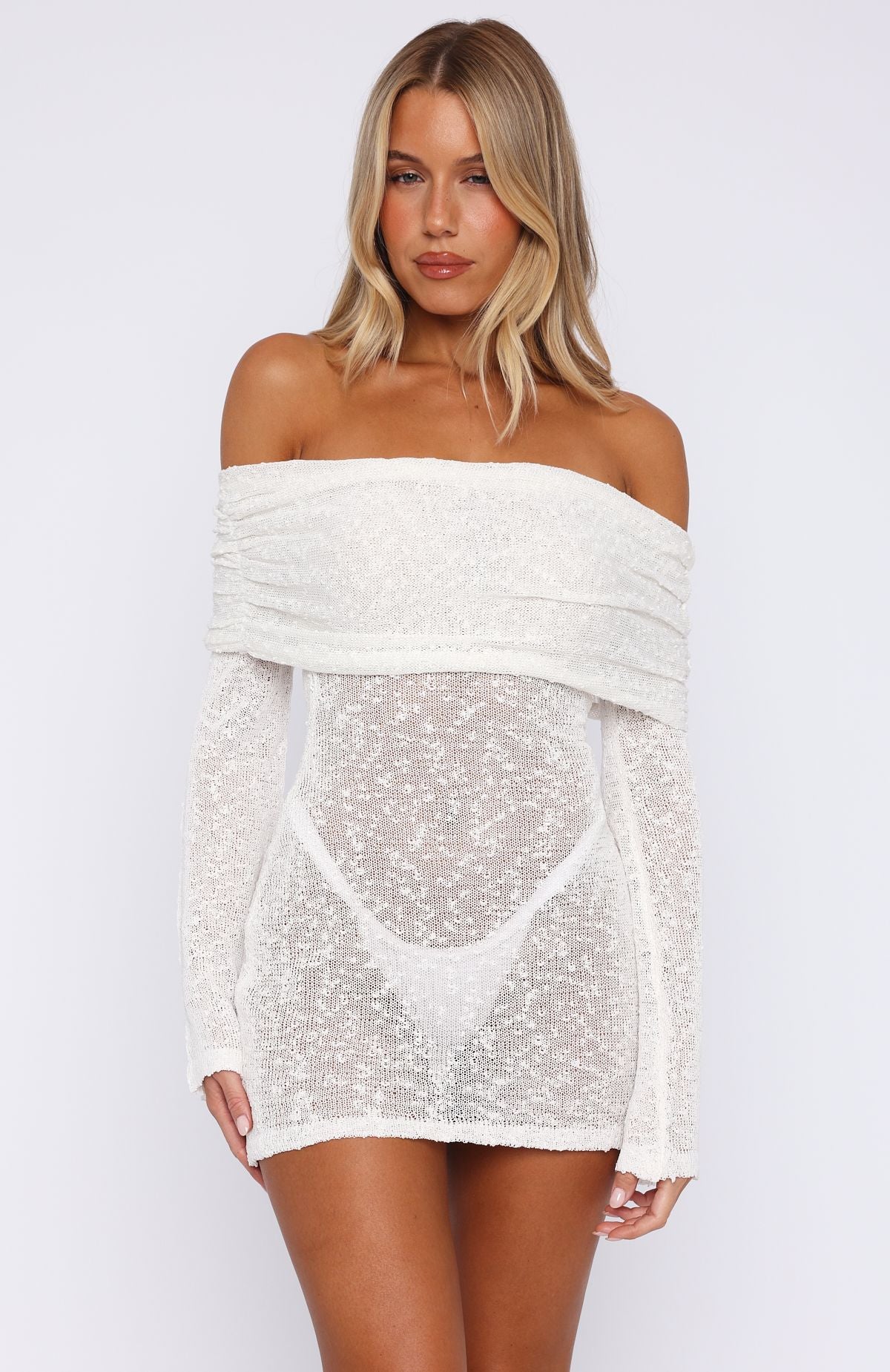 Can't Leave Me Long Sleeve Boucle Mini Dress White - Image 2