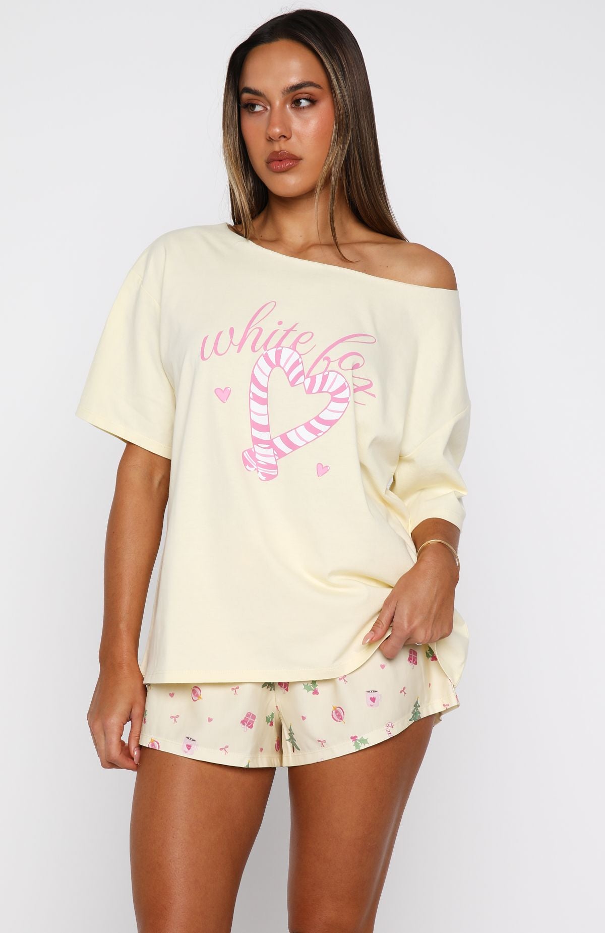 Sweetheart Pyjama Off Shoulder Tee Lemon - Image 3