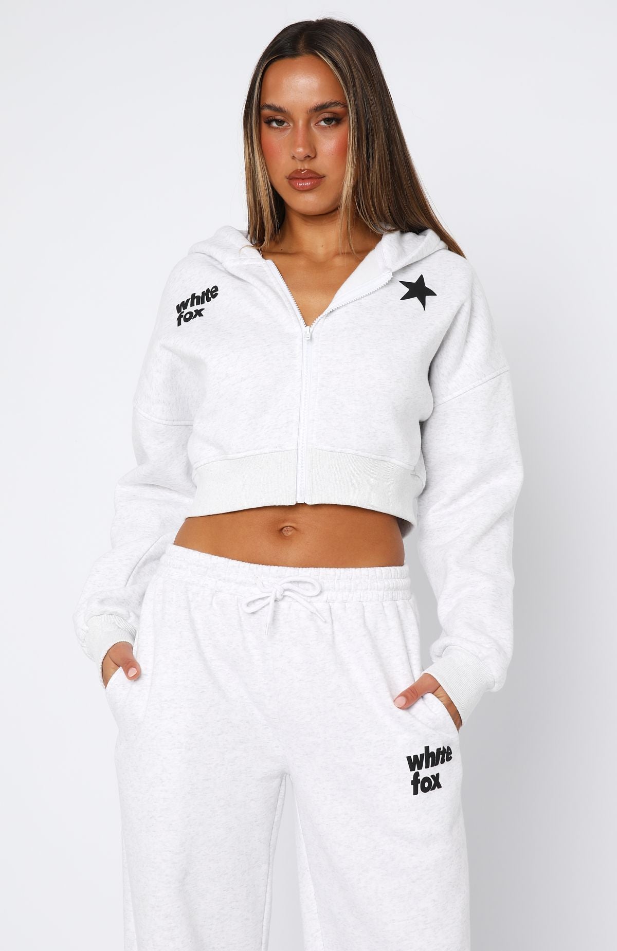 From The Archives Charli Cropped Zip Front Hoodie Grey Marle - Image 3