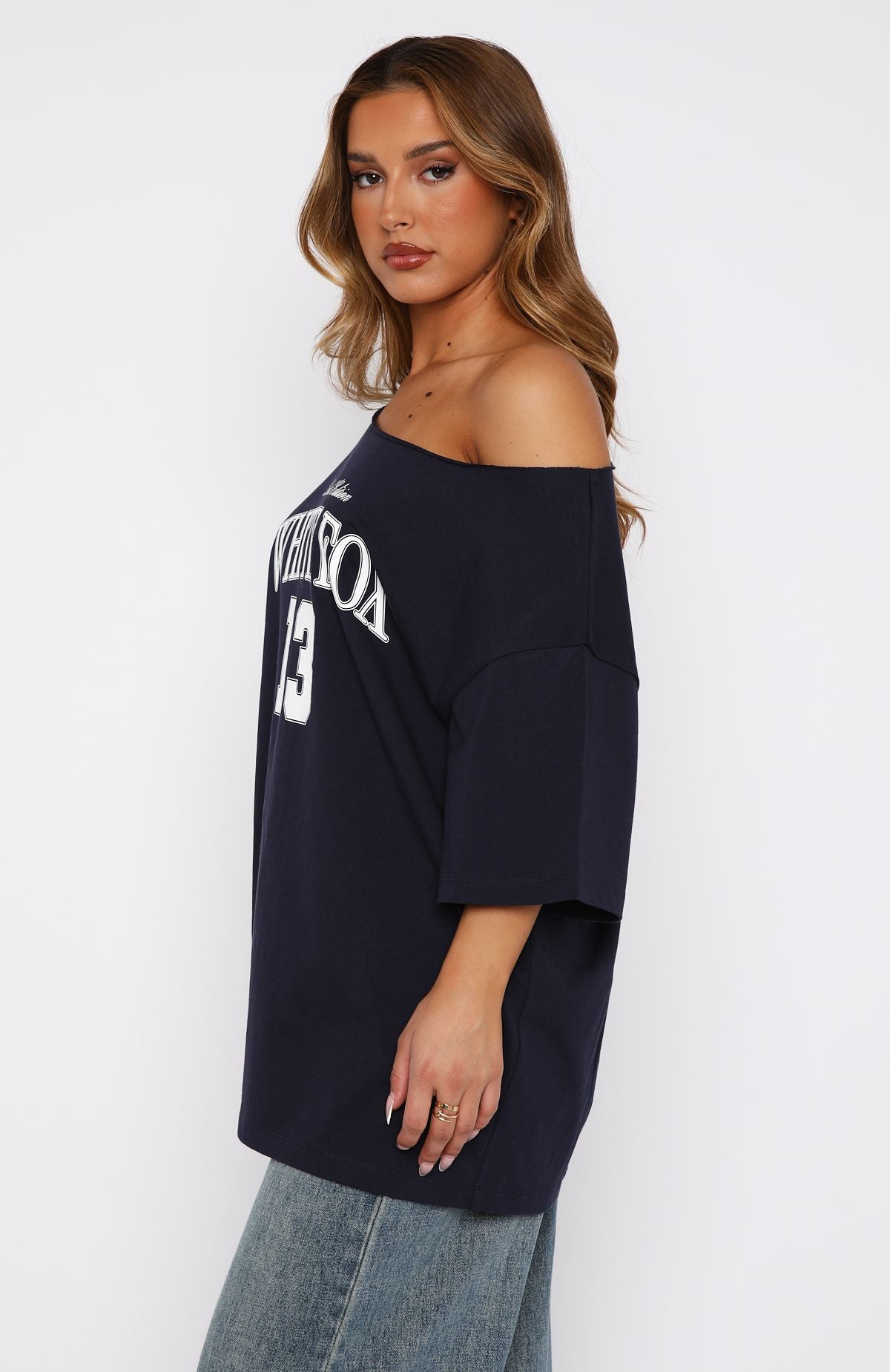 Everything In Time Off Shoulder Oversized Tee Navy - Image 3