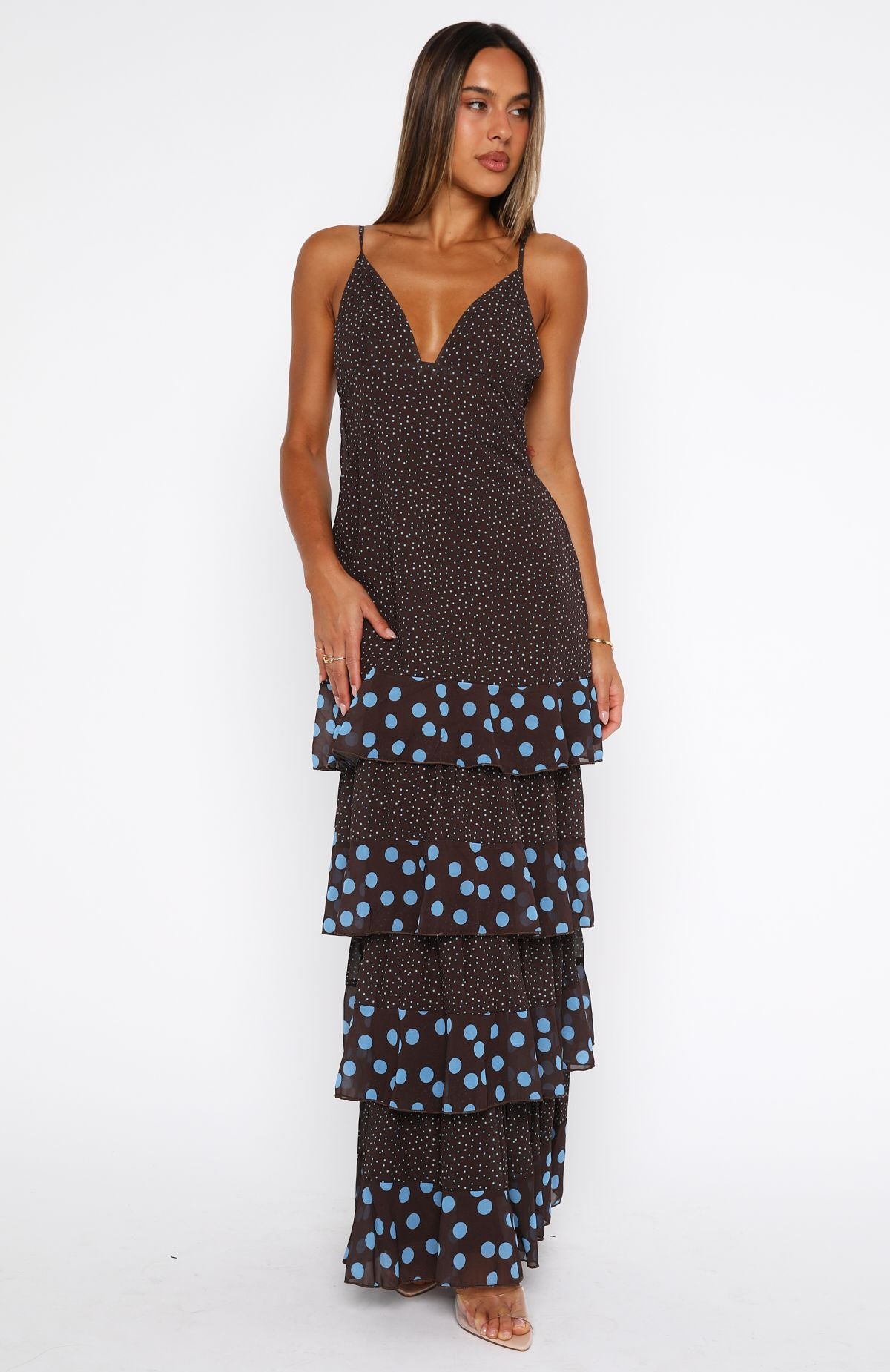Princess Maxi Dress Chocolate/Blue Polka Dot - Image 3