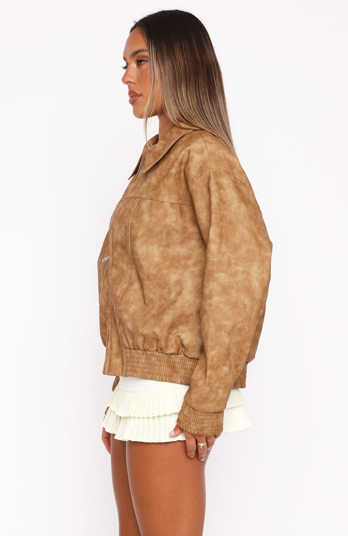 Make Things Right PU Bomber Jacket Tan - Image 3