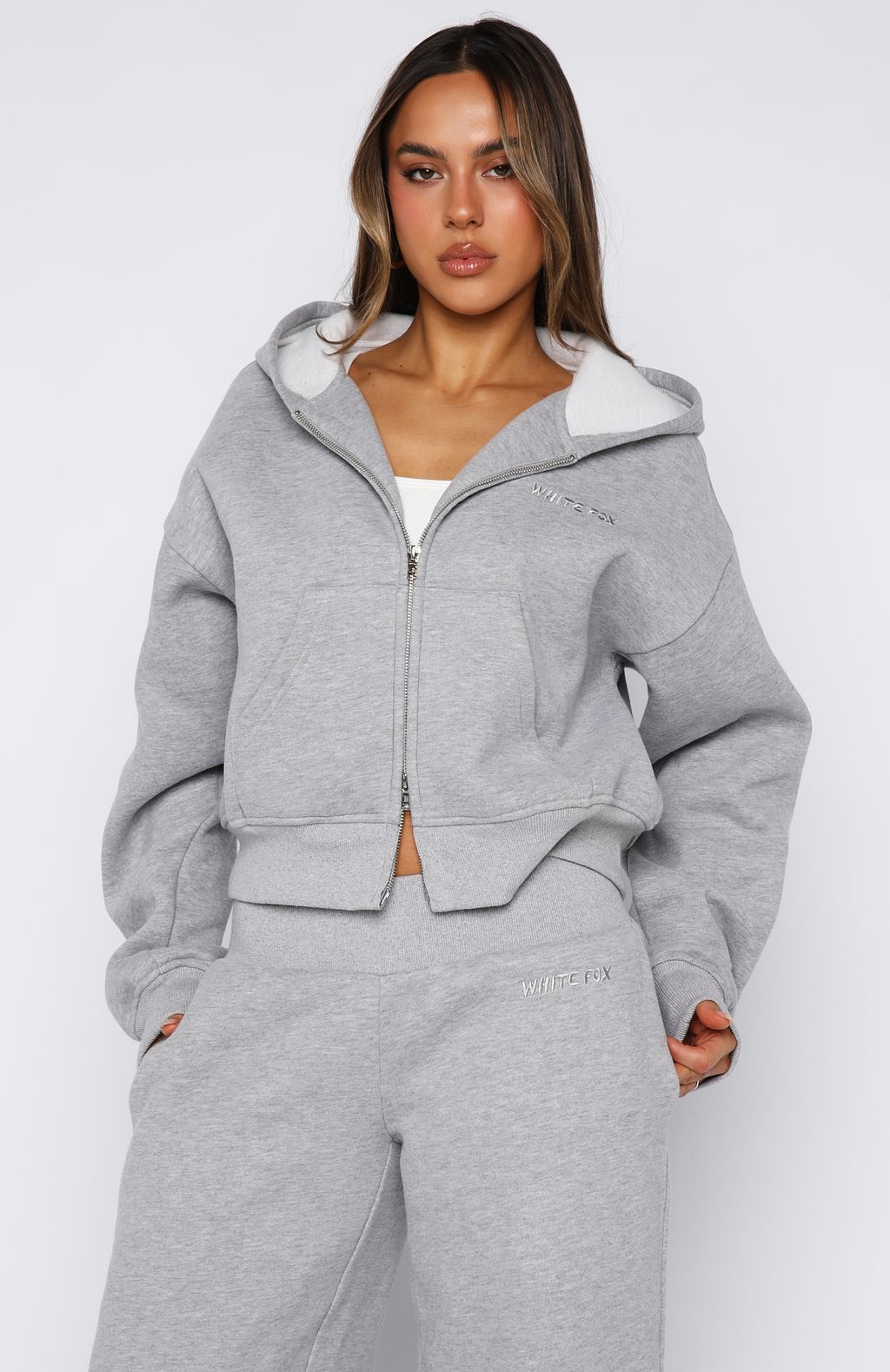 Come A Long Way Boxy Zip Front Hoodie Grey Marle - Image 2