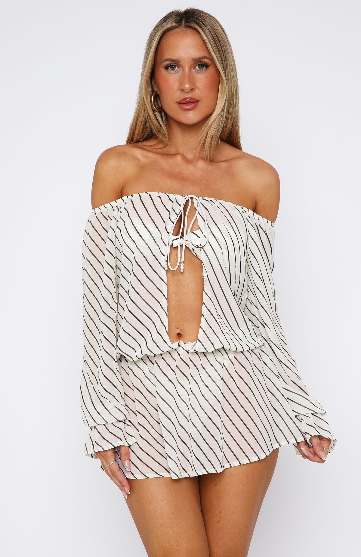 Back To Shore Long Sleeve Mini Dress Cream/Choc Stripe - Image 3
