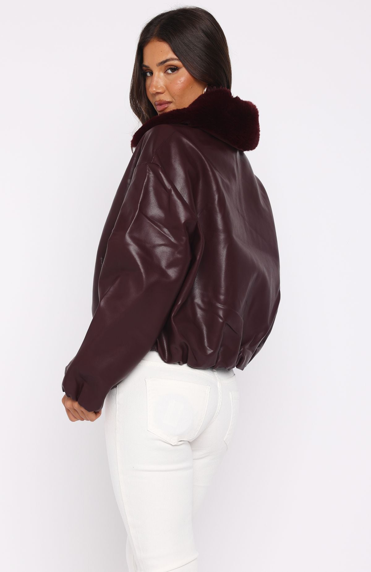 No Competition Pu Bomber Jacket Burgundy - Image 4