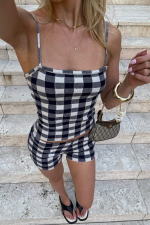 Iconic Duo Knit Mini Shorts Navy/Cream Gingham