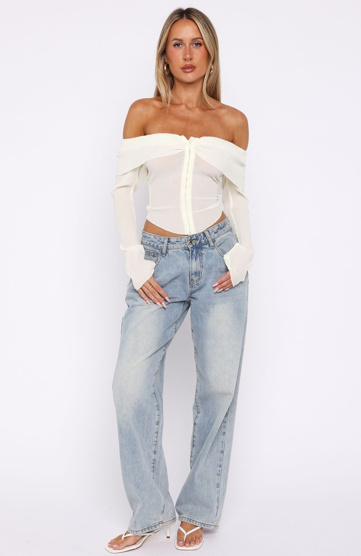 Mood Forever Long Sleeve Off Shoulder Top Cream - Image 5