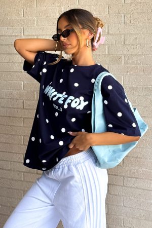Offstage Printed Oversized Tee Navy Polka Dot