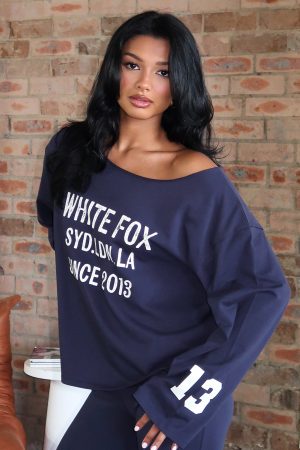 Topic Of Discussion Off Shoulder Oversized Long Sleeve Tee Navy