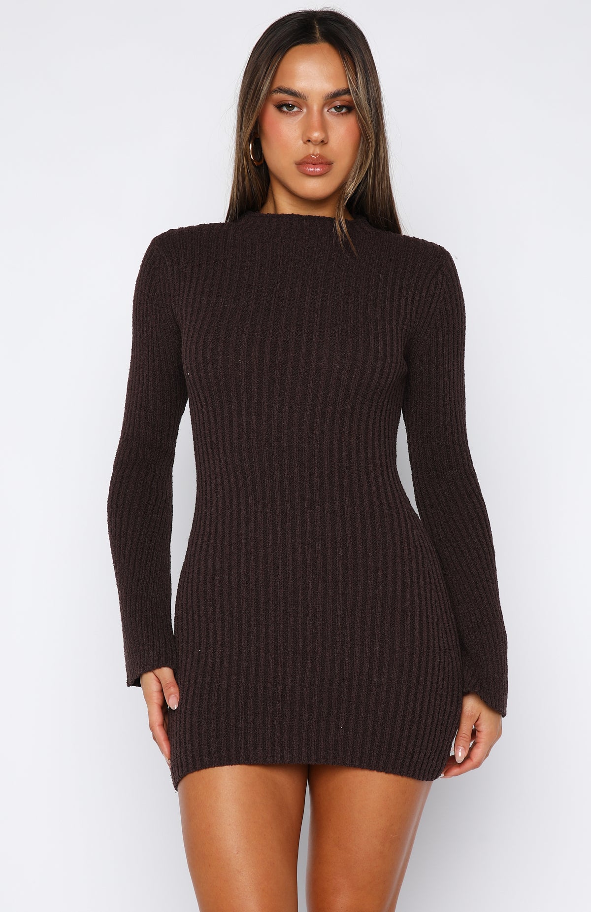 Get On Down Long Sleeve Knit Mini Dress Chocolate - Image 2