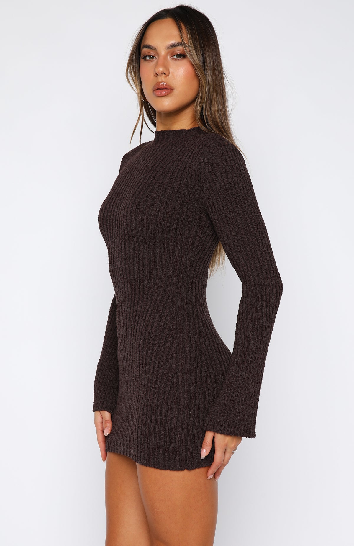 Get On Down Long Sleeve Knit Mini Dress Chocolate - Image 3