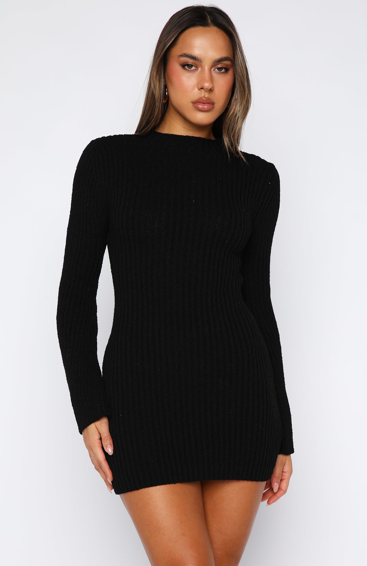 Get On Down Long Sleeve Knit Mini Dress Black - Image 2