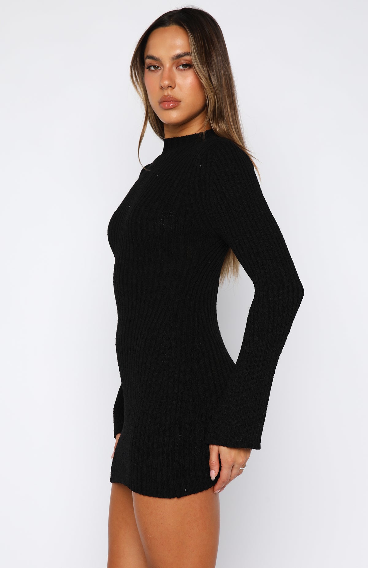 Get On Down Long Sleeve Knit Mini Dress Black - Image 3