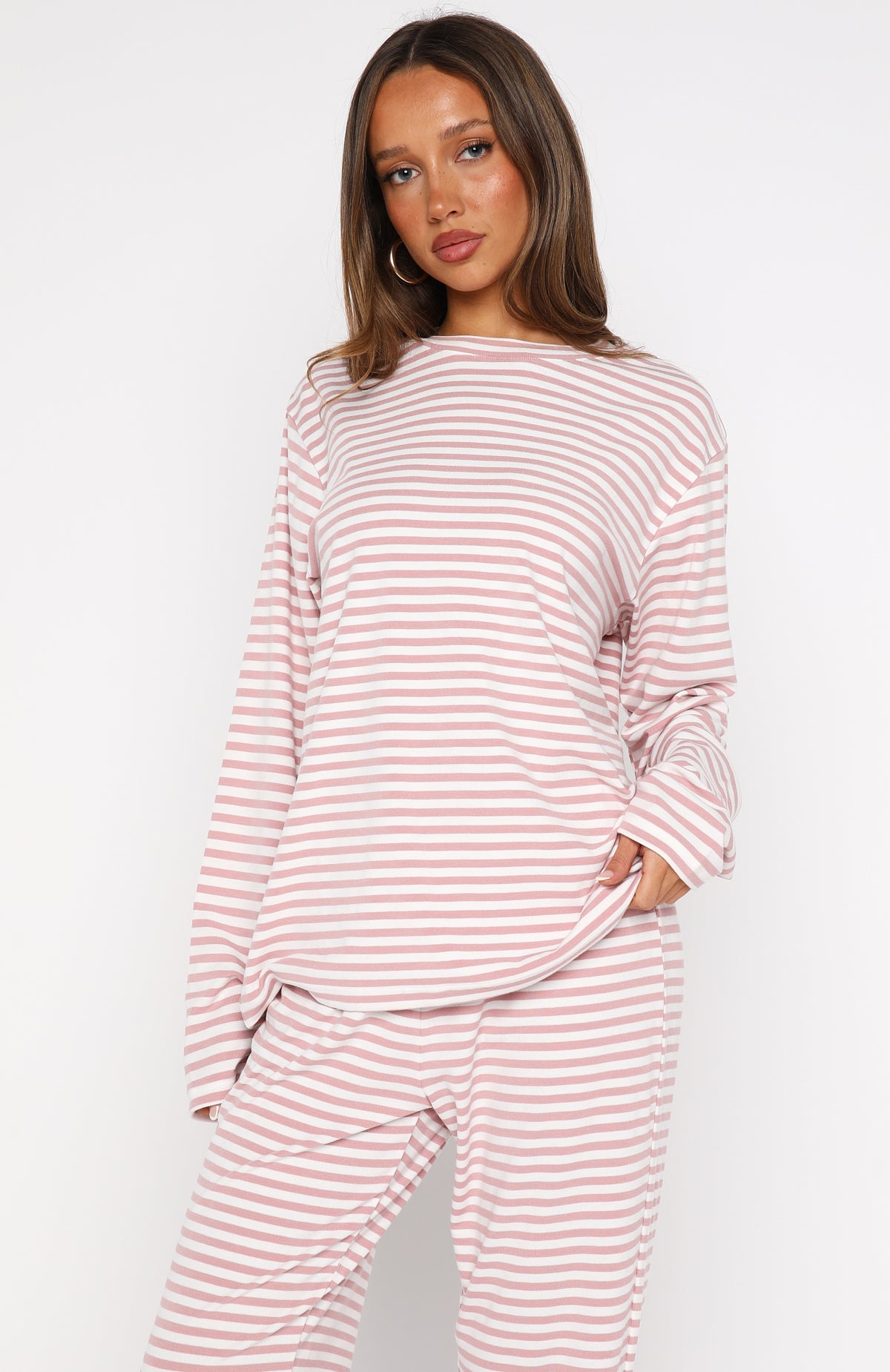 Slow Life Long Sleeve Pyjama Top Pink/White Stripe - Image 2