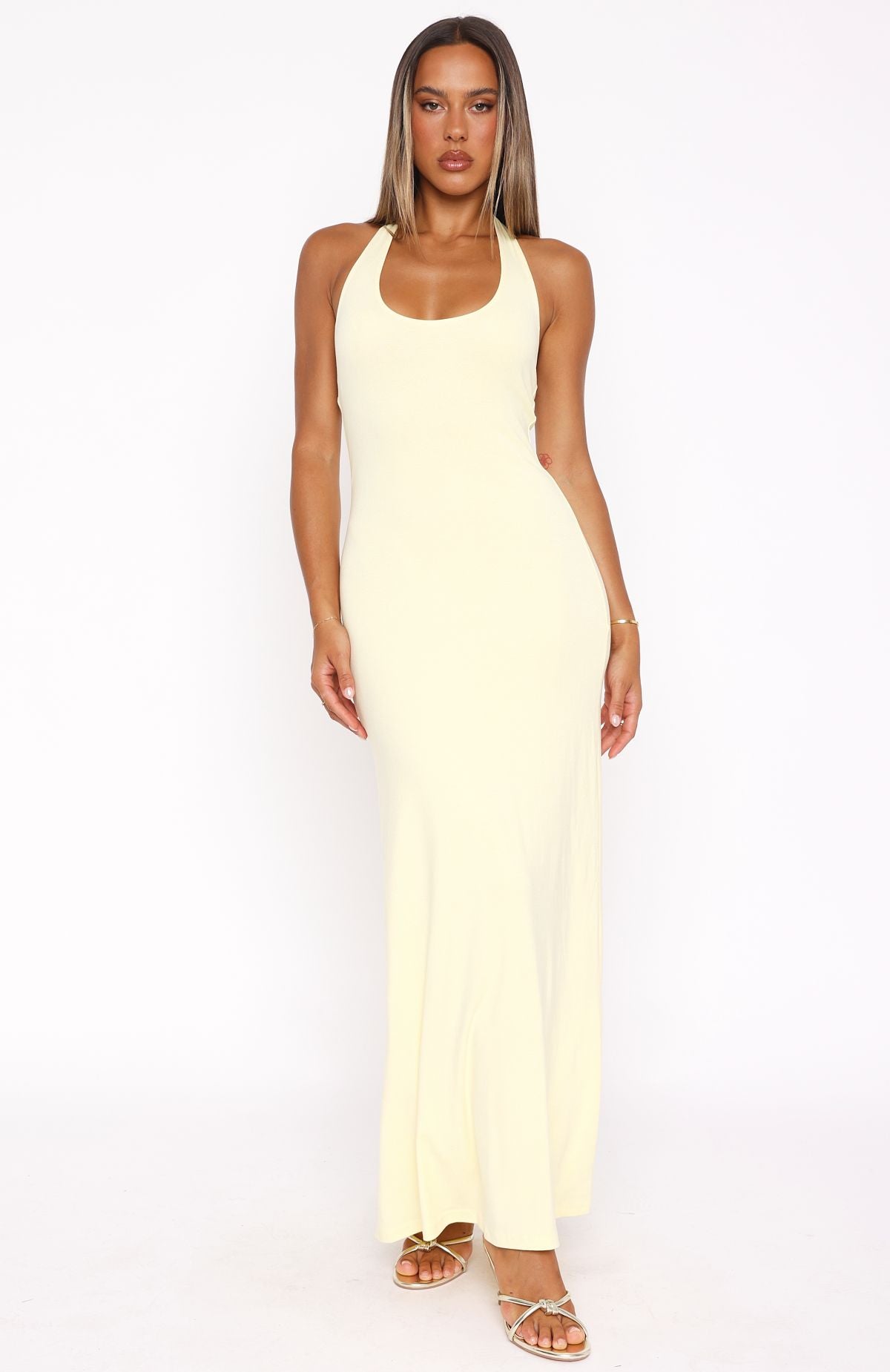 Took A Chance Halter Maxi Dress Lemon - Image 2