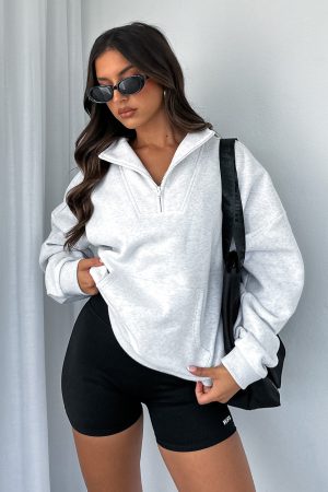 Doing It For You Zip Front Sweater Grey Marle