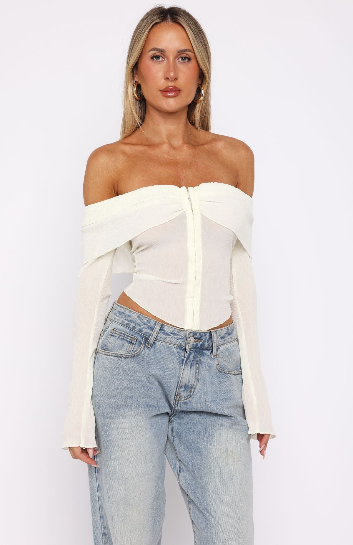 Mood Forever Long Sleeve Off Shoulder Top Cream - Image 2