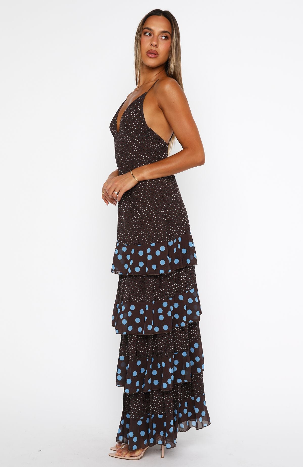 Princess Maxi Dress Chocolate/Blue Polka Dot - Image 4