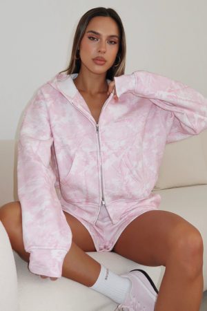 Hiding Away Boxy Zip Front Hoodie Pink Camo