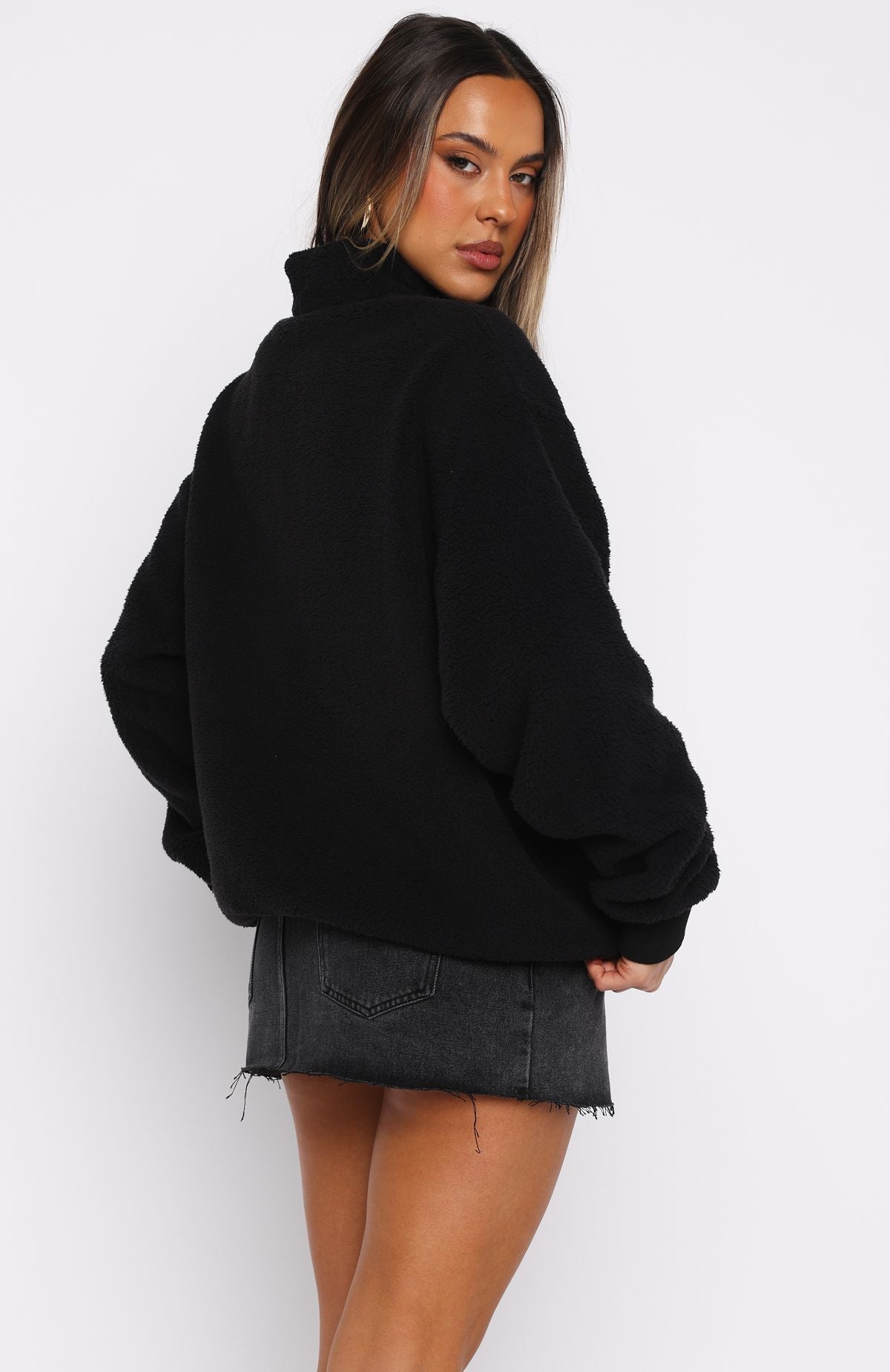 Hard To Stay Focused Teddy Borg Zip Front Sweater Black - Image 5