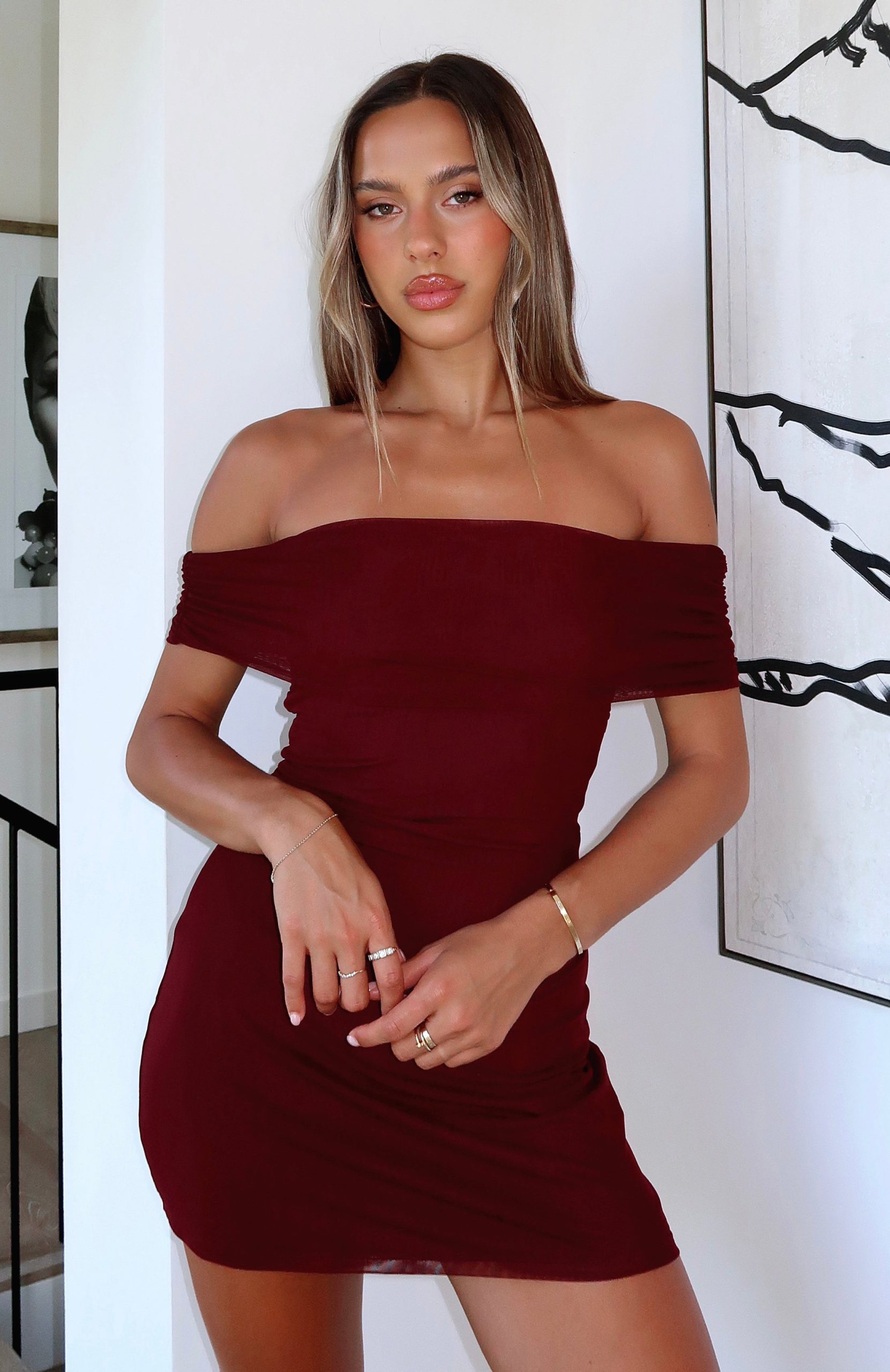 Got The Talent Off Shoulder Mini Dress Burgundy - Image 6