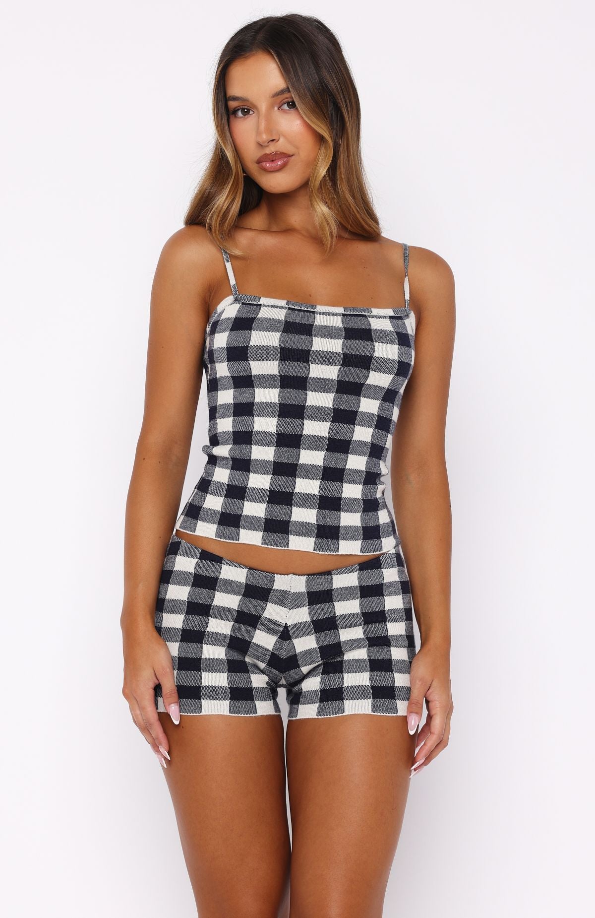 Iconic Duo Knit Mini Shorts Navy/Cream Gingham - Image 2