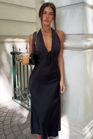 Guess You Miss Me Halter Midi Dress Black/Ivory Dot