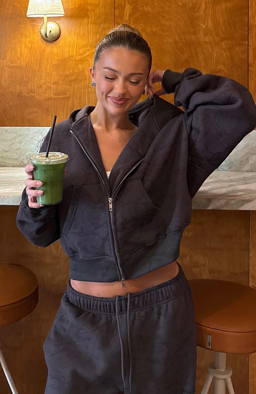 Hiding Away Boxy Zip Front Hoodie Dark Camo