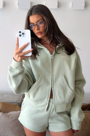 Can't Miss It Boxy Zip Front Hoodie Sage