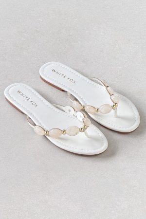 Kira Beaded Thong Sandals White