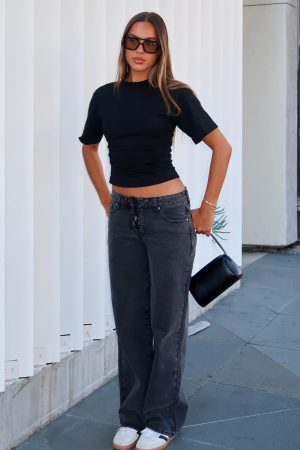 Making Appearances Mid Rise Lace Up Straight Leg Jeans Black Acid Wash