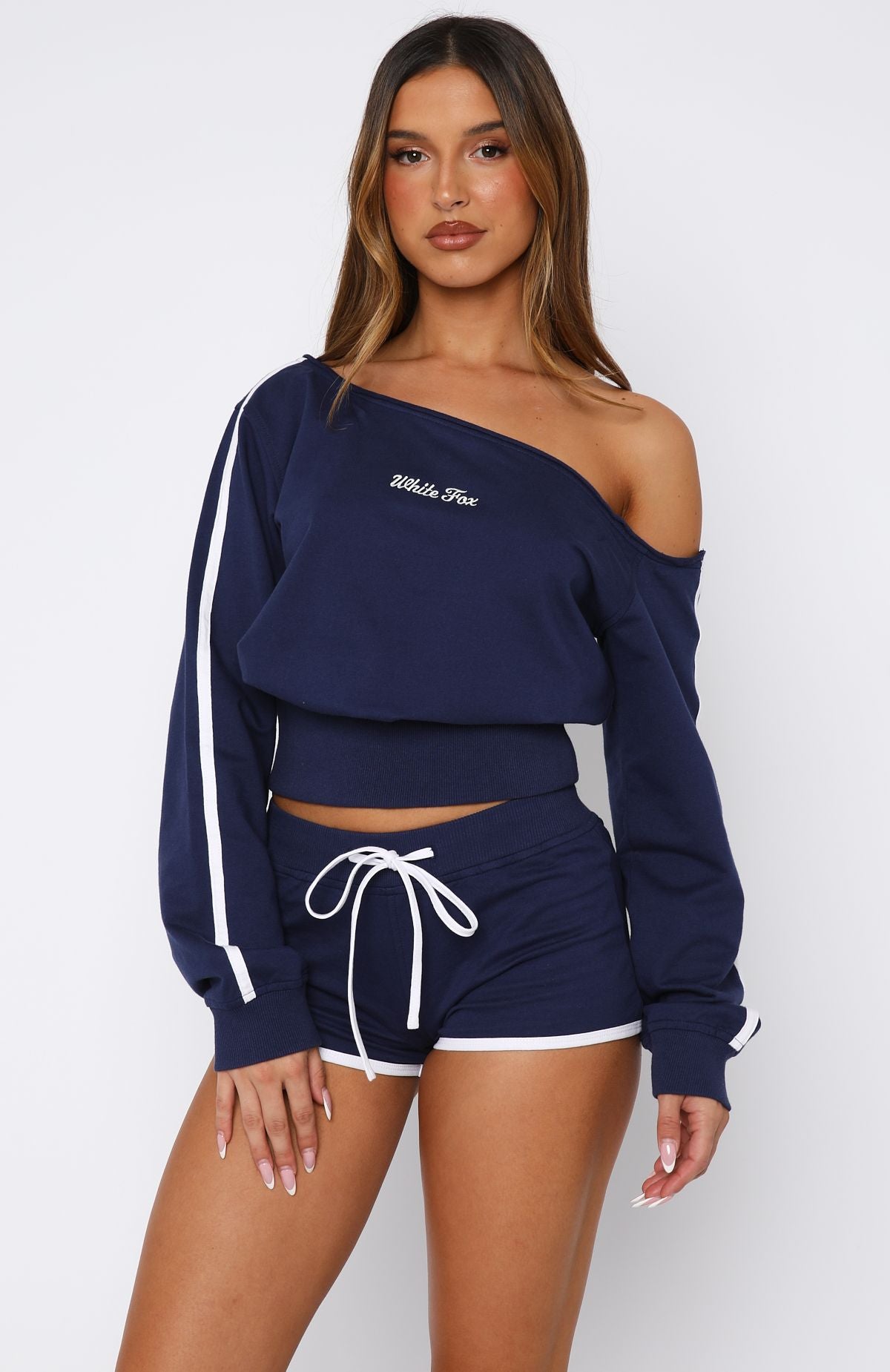 High Roller Off Shoulder Long Sleeve Sweater Navy - Image 2