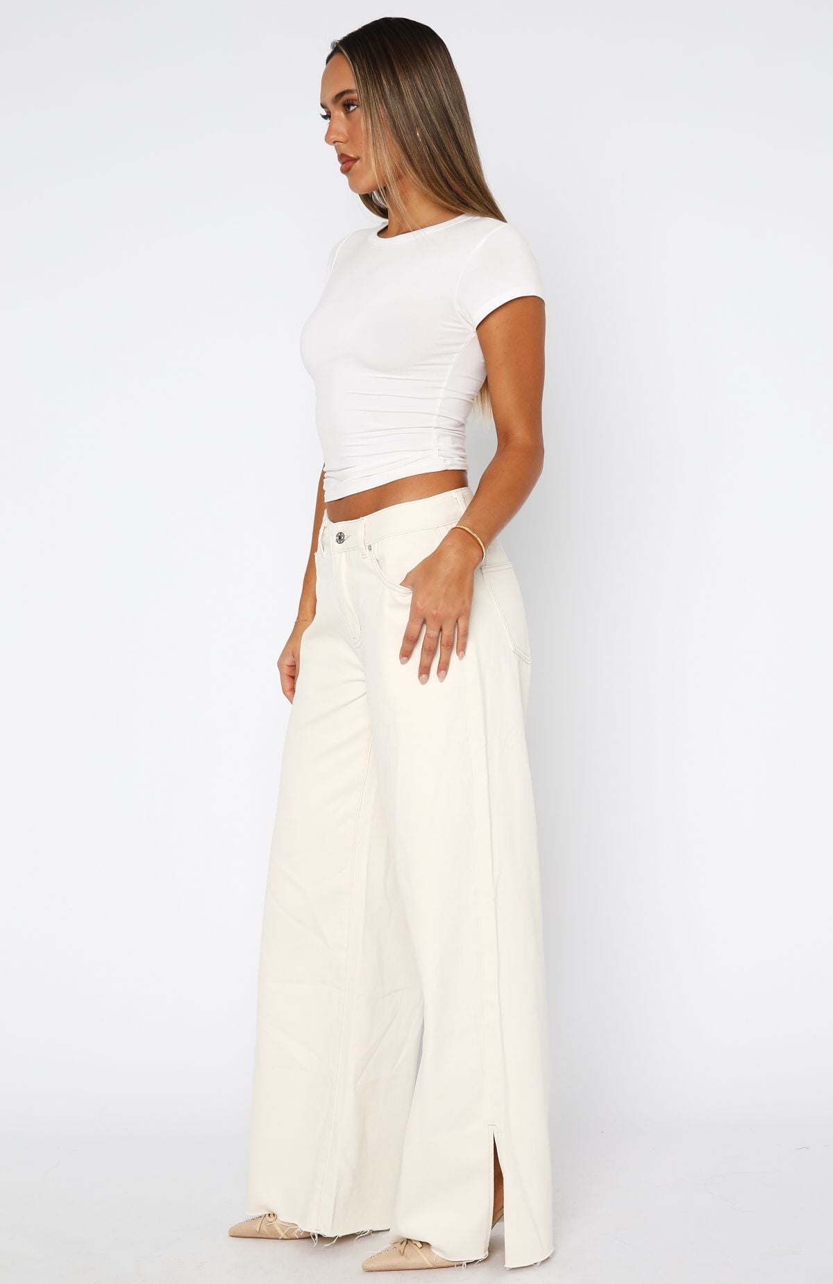 Summer Mid Rise Wide Leg Jeans Cream - Image 3