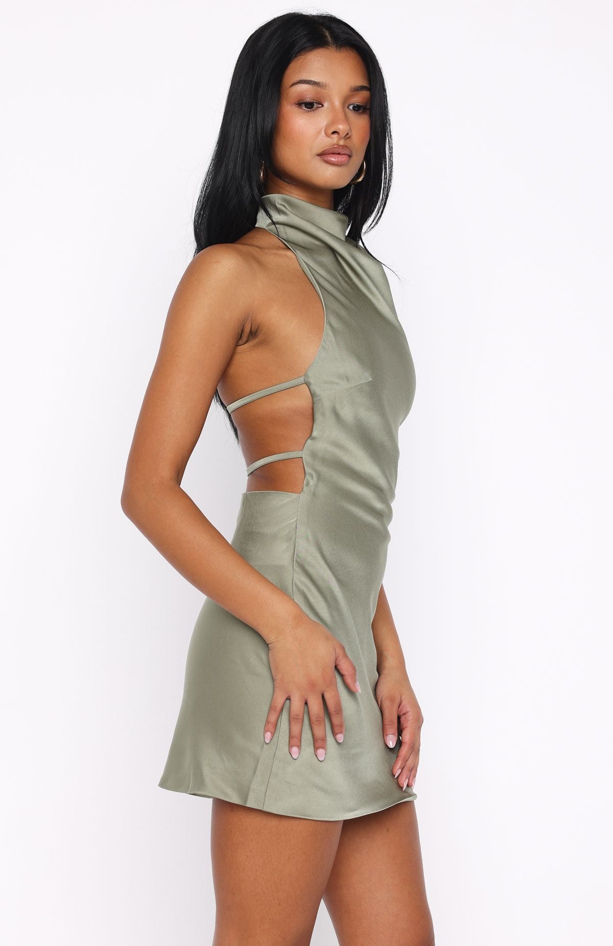 Just Small Talk Halter Mini Dress Khaki - Image 4