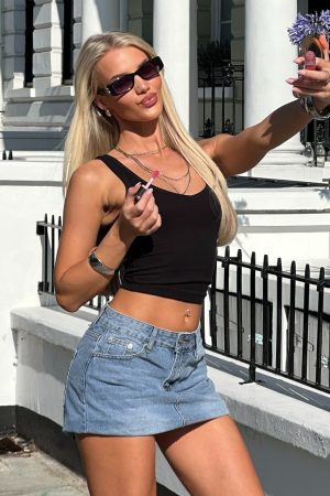 Know It All Low Rise Denim Mini Skirt Mid Blue