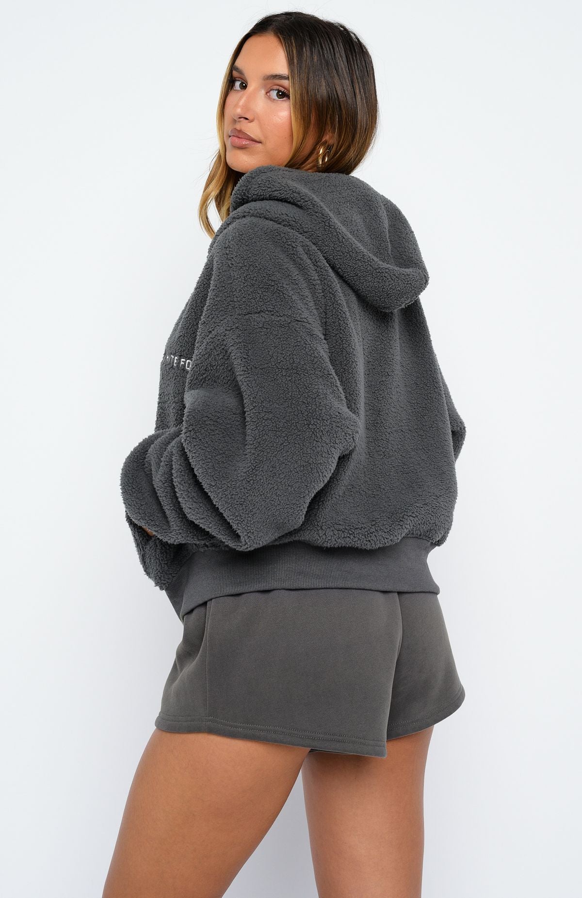 Always First Teddy Borg Boxy Zip Front Hoodie Charcoal - Image 4