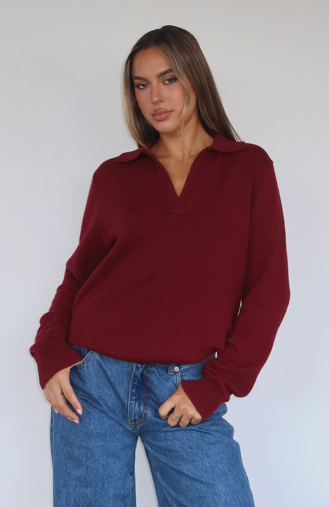 Must Be You Knitted Polo Sweater Burgundy - Image 6