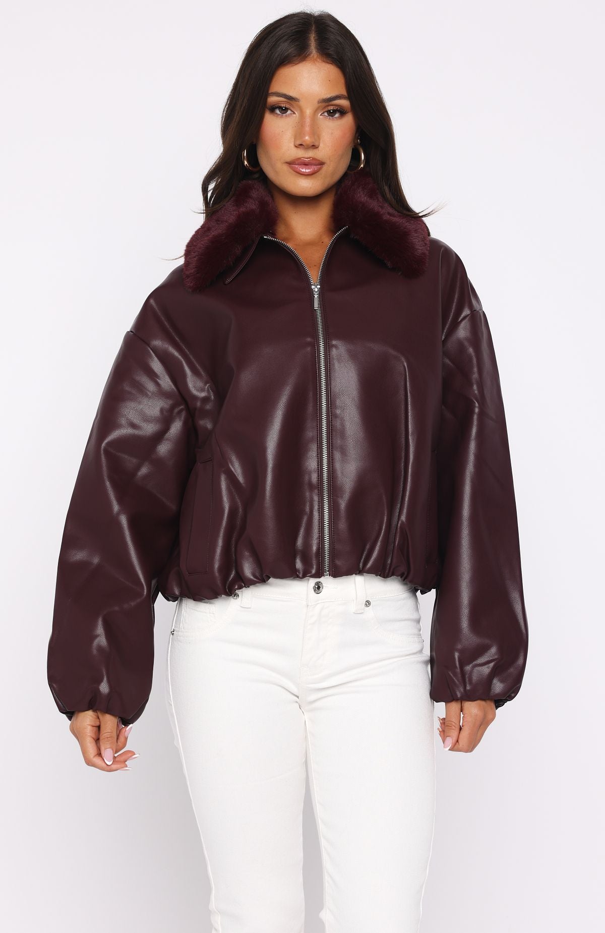 No Competition Pu Bomber Jacket Burgundy - Image 2