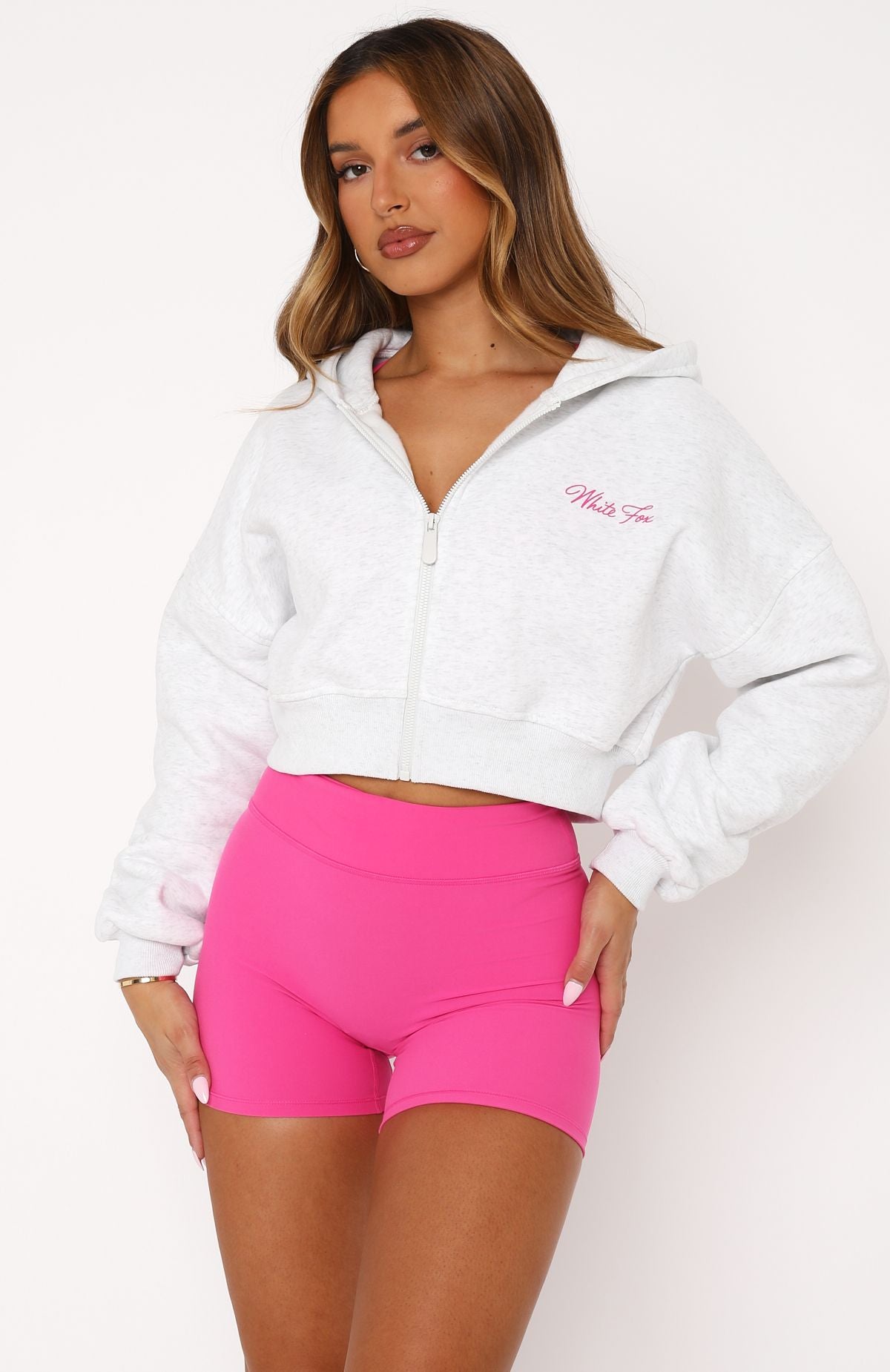 Stepping Out Cropped Hoodie Grey Marle/Pink - Image 3