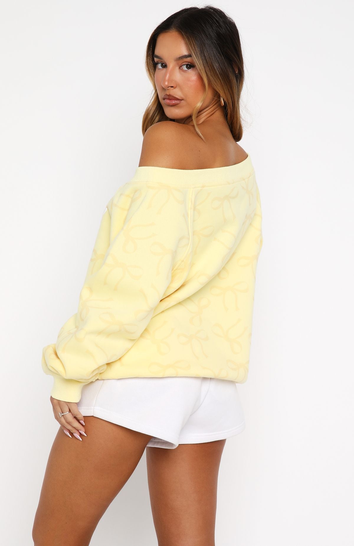 Vol. 1 Off Shoulder Printed Sweater Lemon Bow - Image 5