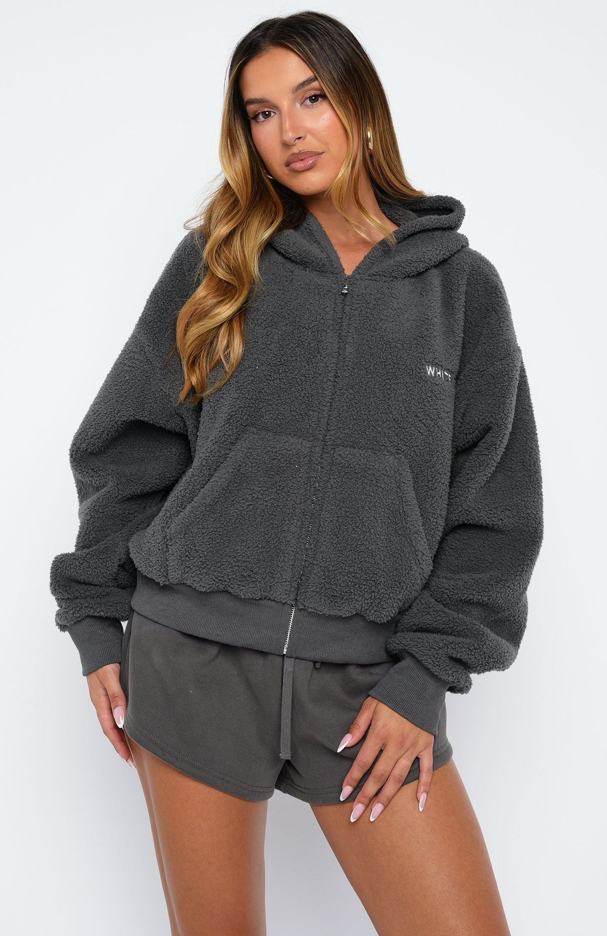 Always First Teddy Borg Boxy Zip Front Hoodie Charcoal - Image 2