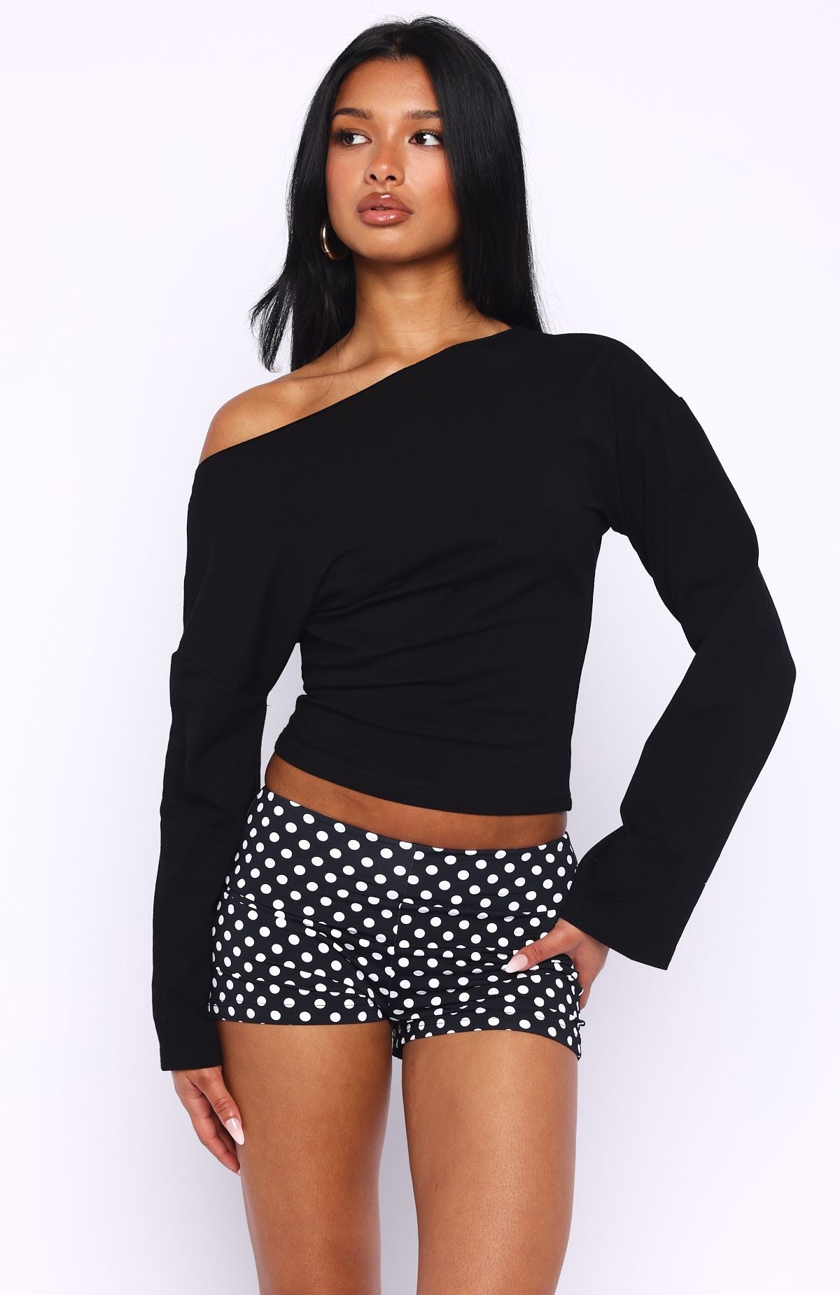 Falling For Him Cinched Waist Off Shoulder Long Sleeve Top Black - Image 3
