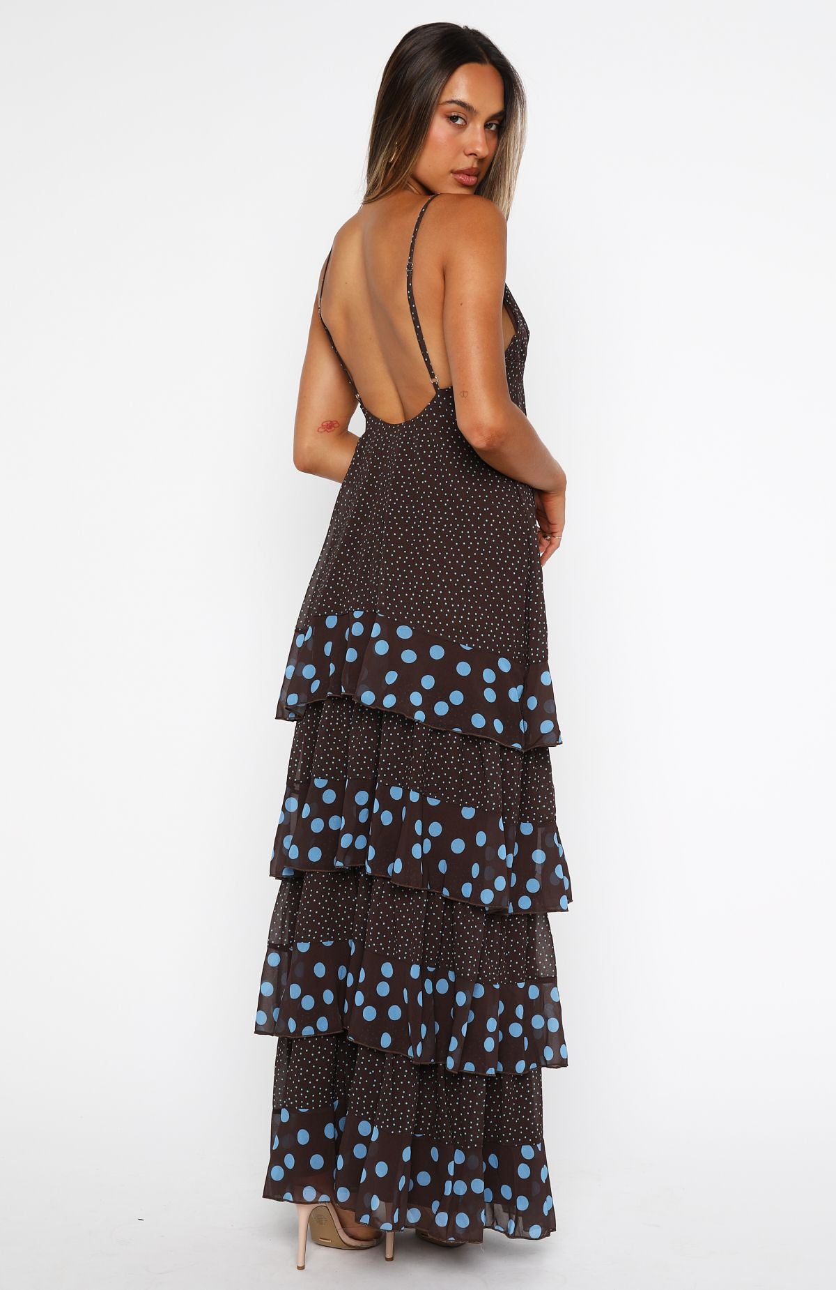 Princess Maxi Dress Chocolate/Blue Polka Dot - Image 5