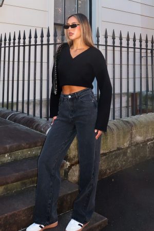 Bring The Style High Rise Wide Leg Jeans Black Acid
