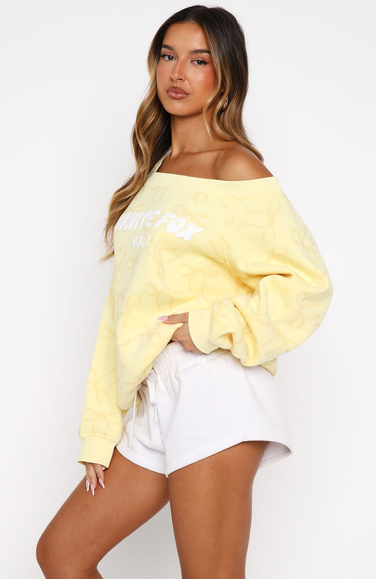 Vol. 1 Off Shoulder Printed Sweater Lemon Bow - Image 4