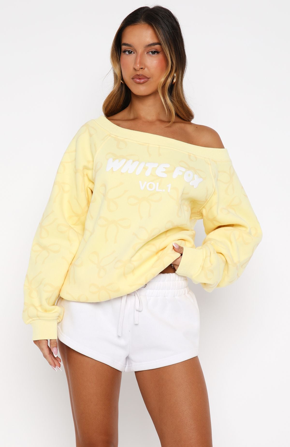 Vol. 1 Off Shoulder Printed Sweater Lemon Bow - Image 3
