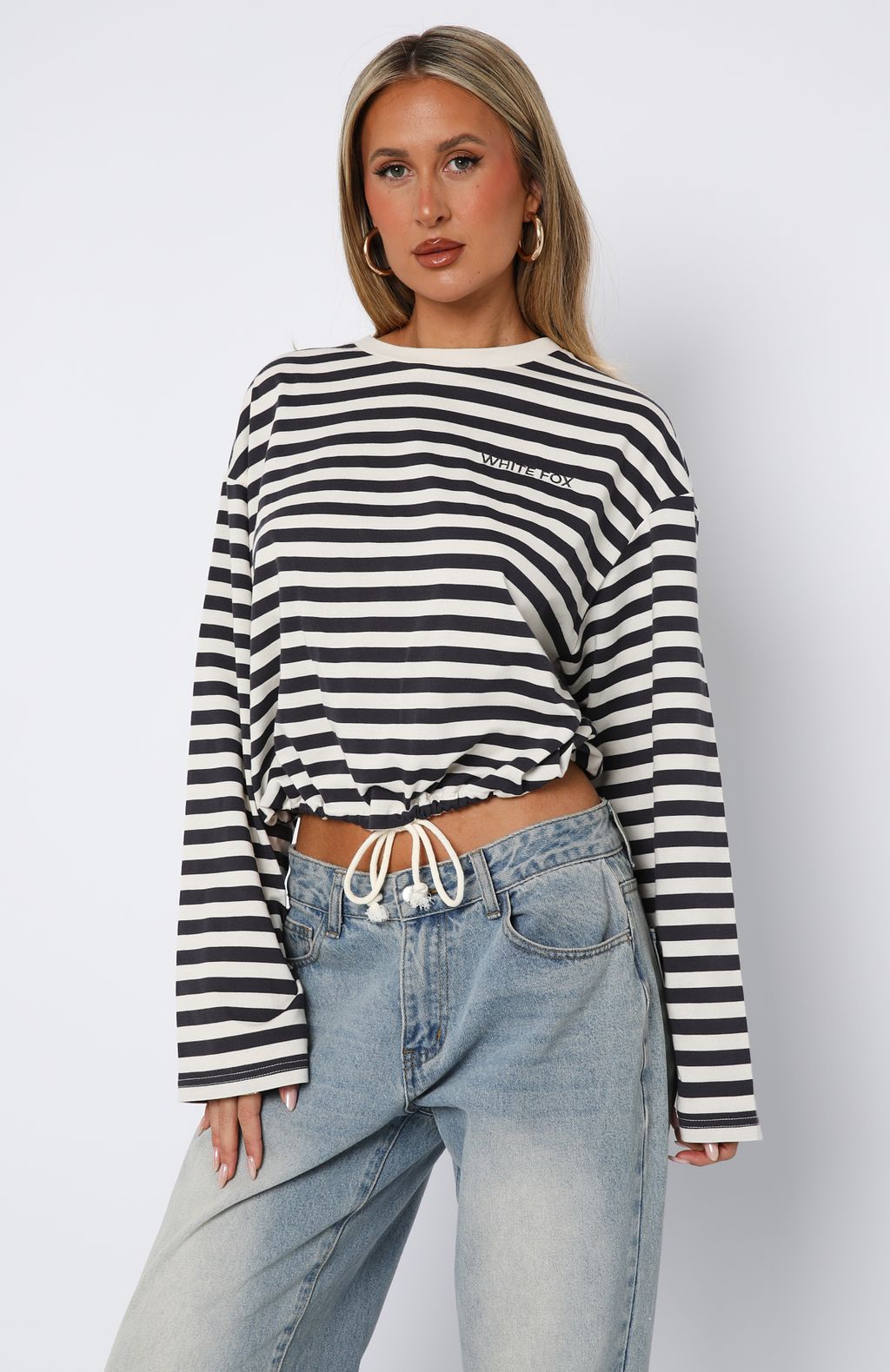 First Time Here Long Sleeve Tee Charcoal/Cream Stripe - Image 2